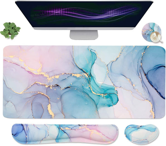 Ergonomic Large Mouse Pad and Keyboard Wrist Rest, Desk Pad for Keyboard and Mouse, 4-in-1 Large Gaming Mouse Pad with Wrist Support - Blue Marble