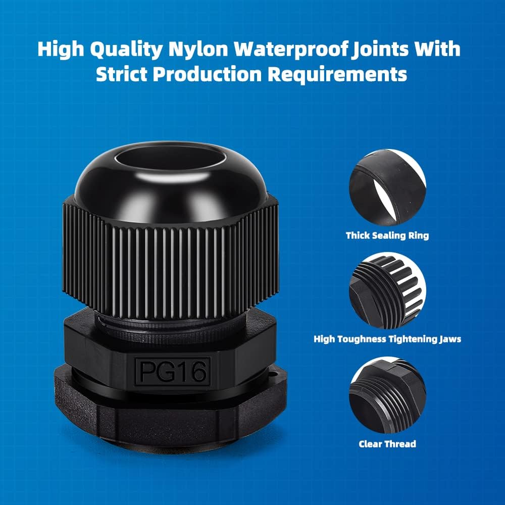 Cable Gland 20 Pack Plastic Waterproof Adjustable Connector 9-14mm PG16 Strain Relief Cord Connectors Joints Nylon with Gaskets