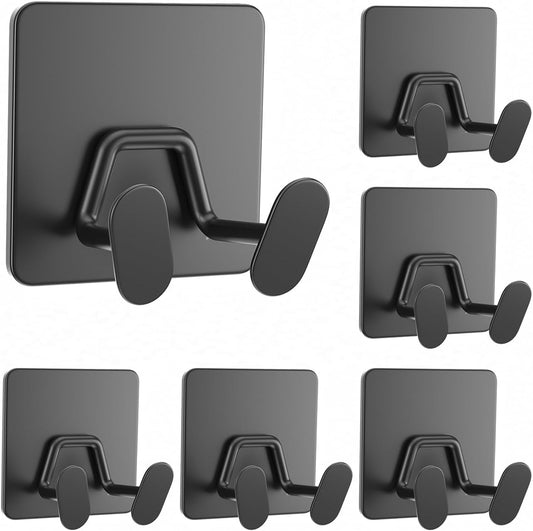 Adhesive Shower Hooks for Inside - Extra Sticky Stainless, Razor Holder Shower Accessories, Wall Mounted Self-Adhesive Double Hooks for Razor, Loofah, Towel, Shaver, Coat, Key, Matt Black, 6 Pack