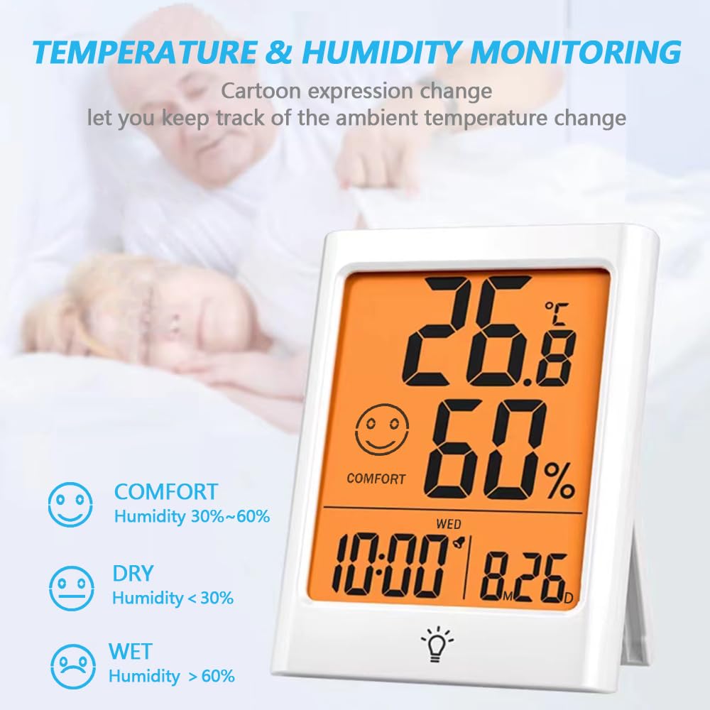 Digital Indoor Thermometer for Room, Smart Temperature Humidity Monitor with Backlight, Comfort Indicator, Max/Min Record, Time, Calendar, Alarm, °c/°f Switch for Bedroom, School