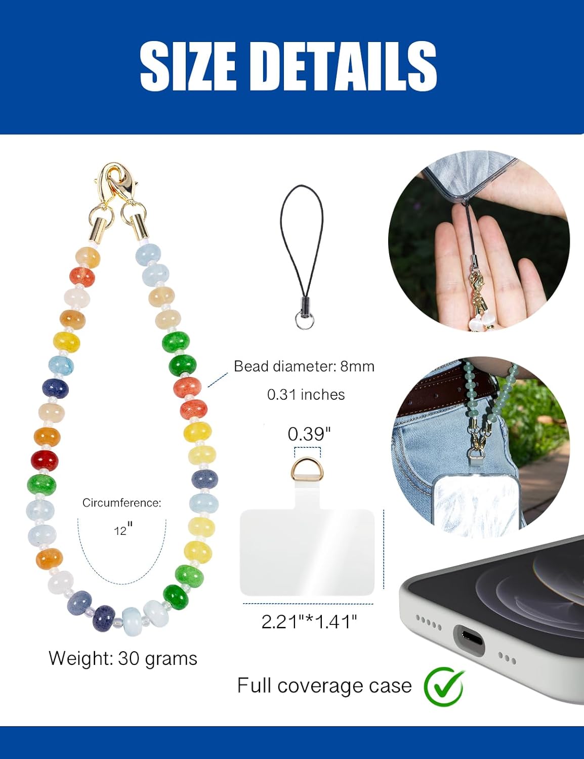 Handmade Natural Gemstone Crystal Beaded Charm Cell Phone Camera Lanyard, Hands-Free Wrist Strap, Phone Chain String, Keychain Decor for Walle (Colorful Candy)