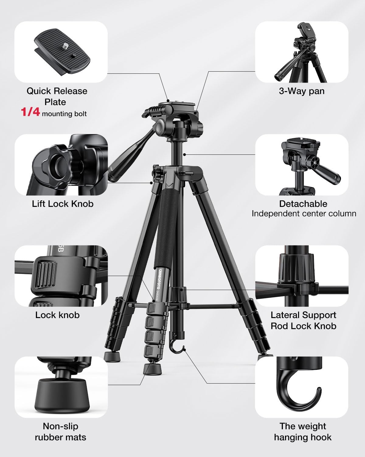 73" Camera Tripod and Monopod, Professional Aluminum Tripod Stand for Mirrorless Camera/DSLR/Cell Phone/Camcorder/GoPro, with Phone Holder and Travel Bag (Black)