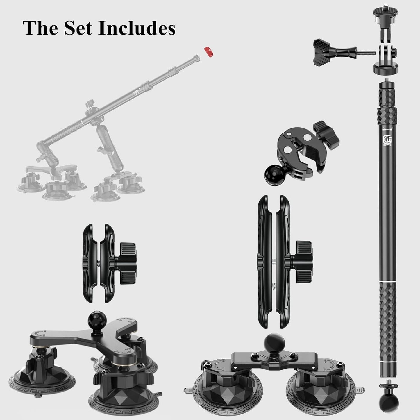 BRCOVAN Suction Cup Car Camera Mount Kit with Metal Extendable Selfie Stick, Dual Aluminum Alloy Arm, with Action Camera Adapter & 1/4"-20 Camera Thread, with Flagpole Accessories