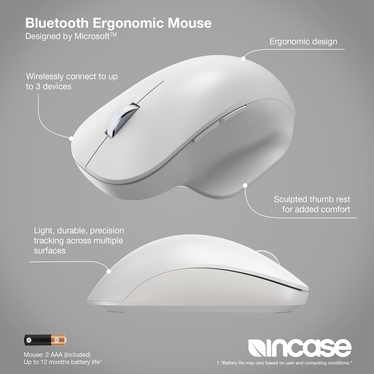 Incase Bluetooth Ergonomic Mouse – Designed by Microsoft – Two Thumb Buttons, Easy to Grip Thumb Rest, Precision Tracking, Connects 3 Devices, 15 Month Battery Life, PCs/Laptops (Glacier)