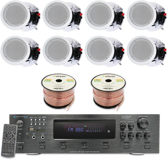 Home Theater System Kit - 6 Channel 6000 Watts Bluetooth Amplifier, 8 Qty of 8” Framed Ceiling Speakers 300 W Each, 16 AWG 500 ft Speaker Wire & Remote Ideal for Home, Office by Technical Pro
