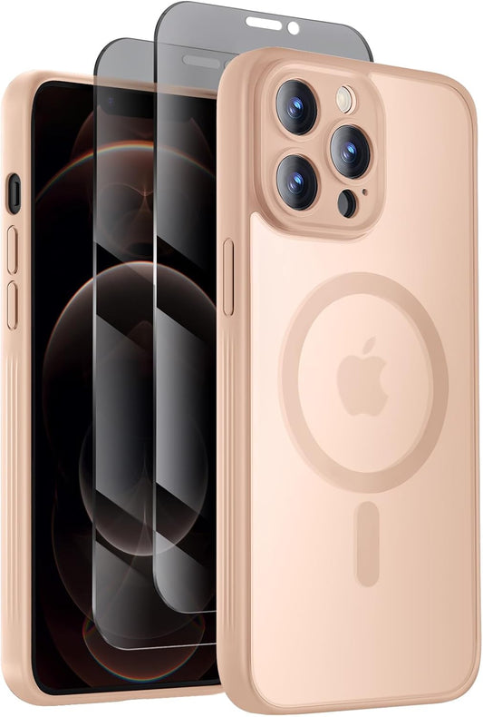 Designed for iPhone 12 Pro Max Case, Compatible with MagSafe, with Privacy Screen Protectors X2, [Camera Protection] [15FT Military Drop Protection] Shockproof Phone Case, 6.7", Light Brown