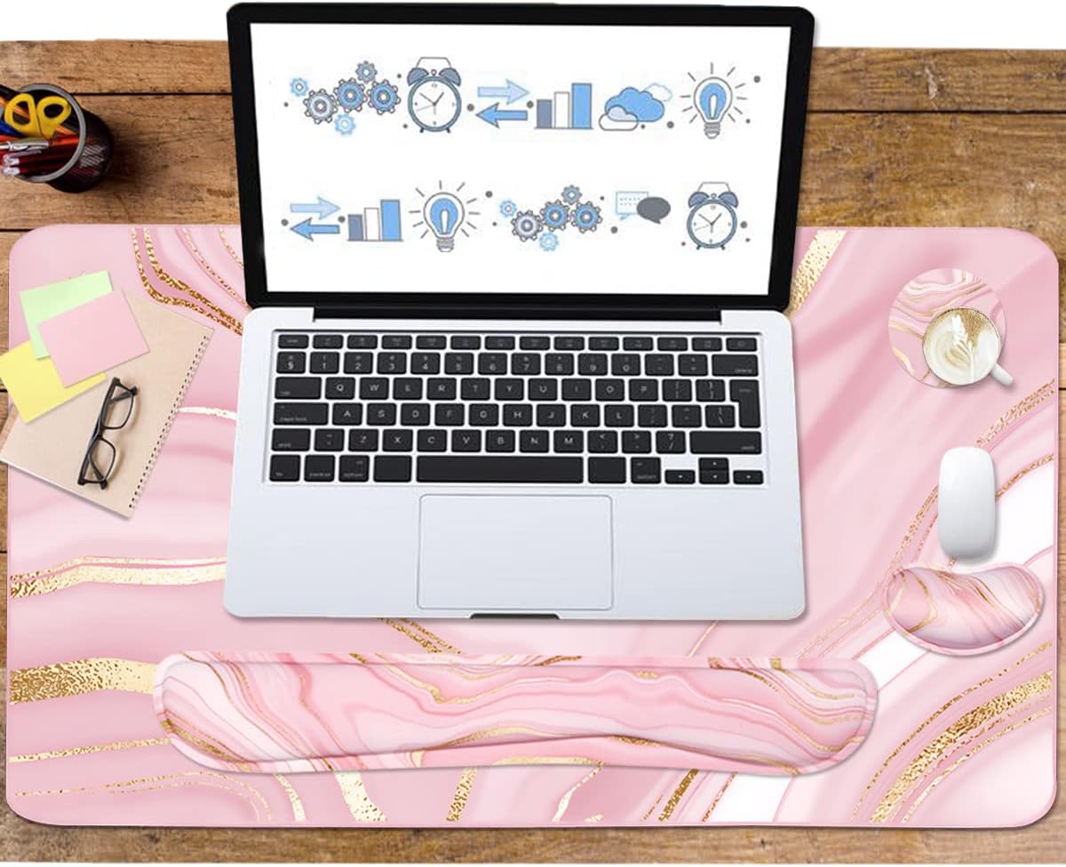 Keyboard Mouse Pad Set, Extended Mouse Pad+Keyboard Wrist Rest Support, Memory Foam Ergonomic Easy Typing, 3Pcs (35.4×15.7 in) Desk Pad Set for Home Office Study Game- Pink Gold
