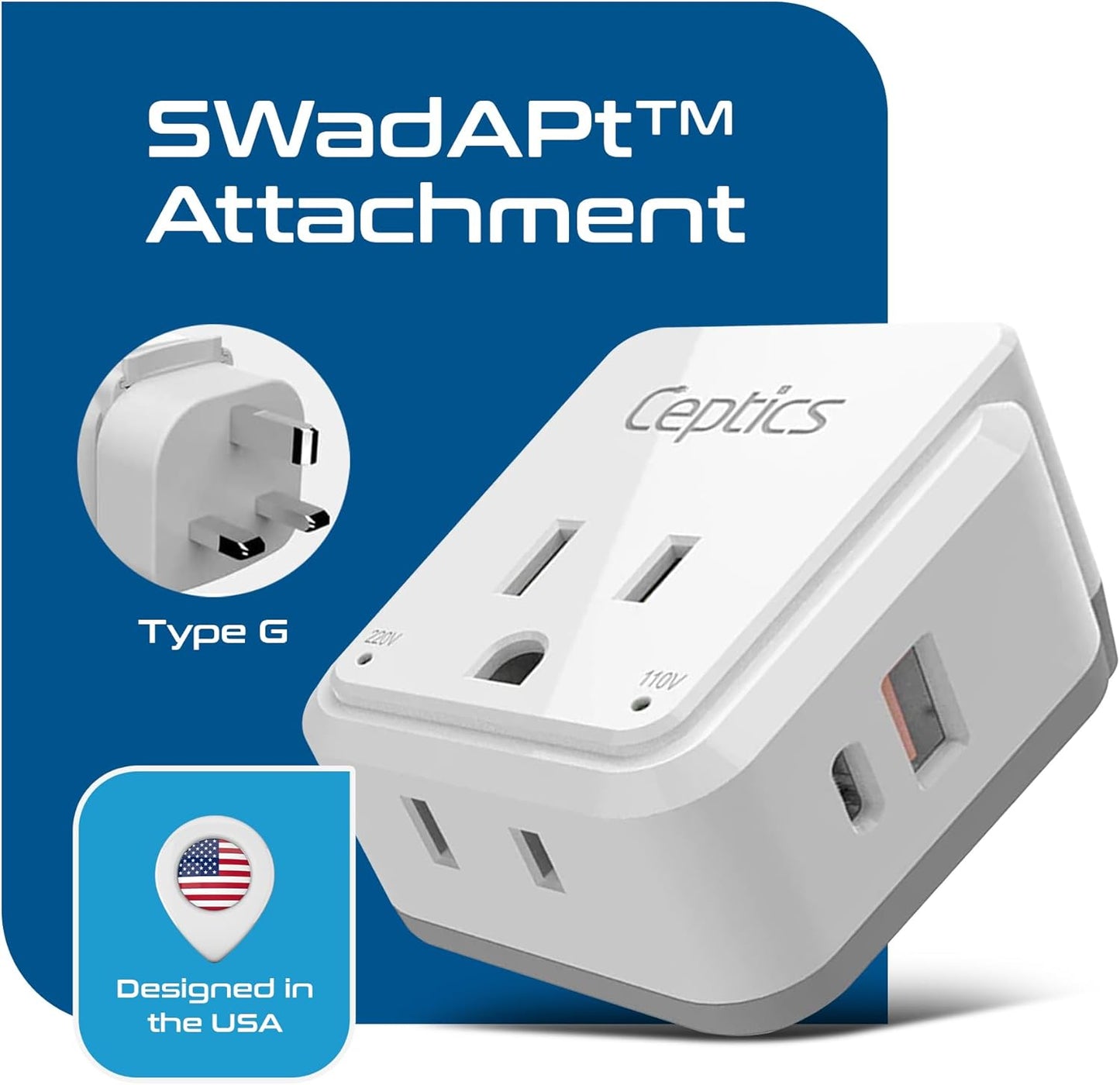 Ceptics UK, Ireland Power Adapter Travel, Safe Dual USB & USB-C 3.1A - 2 USA Socket - Compact & Powerful - Use in Hong Kong, England, Dubai, Saudi Arabia - Includes Type G Swadapt Attachments