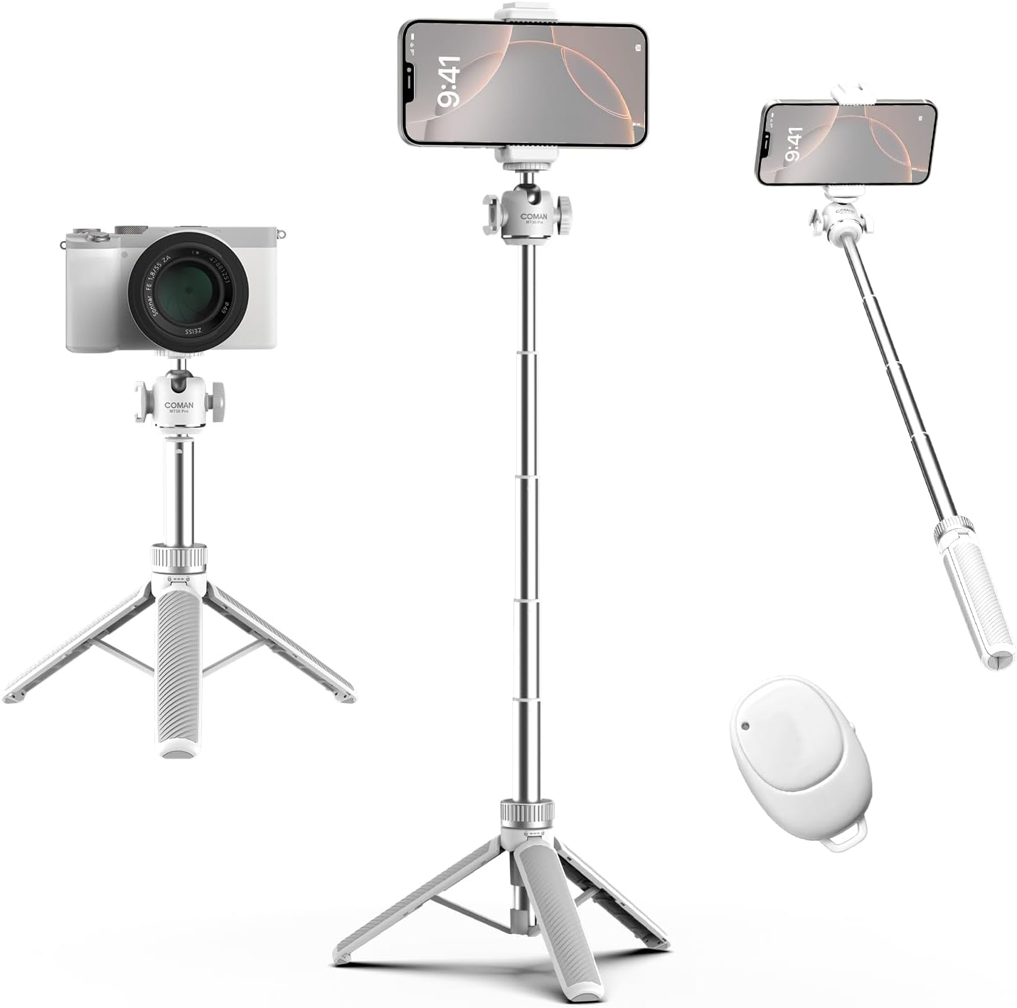 COMAN MT30-Pro Extendable Phone Tripod, 61cm Cell Phone Tripod Stand for iPhone with 360° Ball Head, Selfie Stick Vlog Stand with Remote, Tripod for iPhone 16/15/14/13/12 Pro Max/Android
