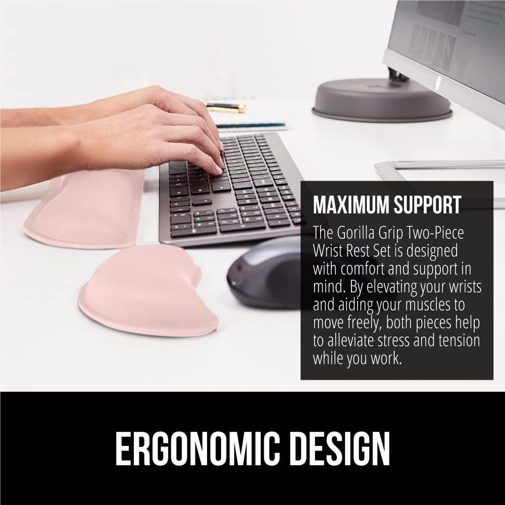 GORILLA GRIP Silky Gel Memory Foam Wrist Rest for Computer Keyboard, Mouse, Ergonomic Design for Typing Pain Relief, Desk Pads Support Hand Arm Mousepad Rests, Stain Resistant, 2 Piece Pad, Light Pink