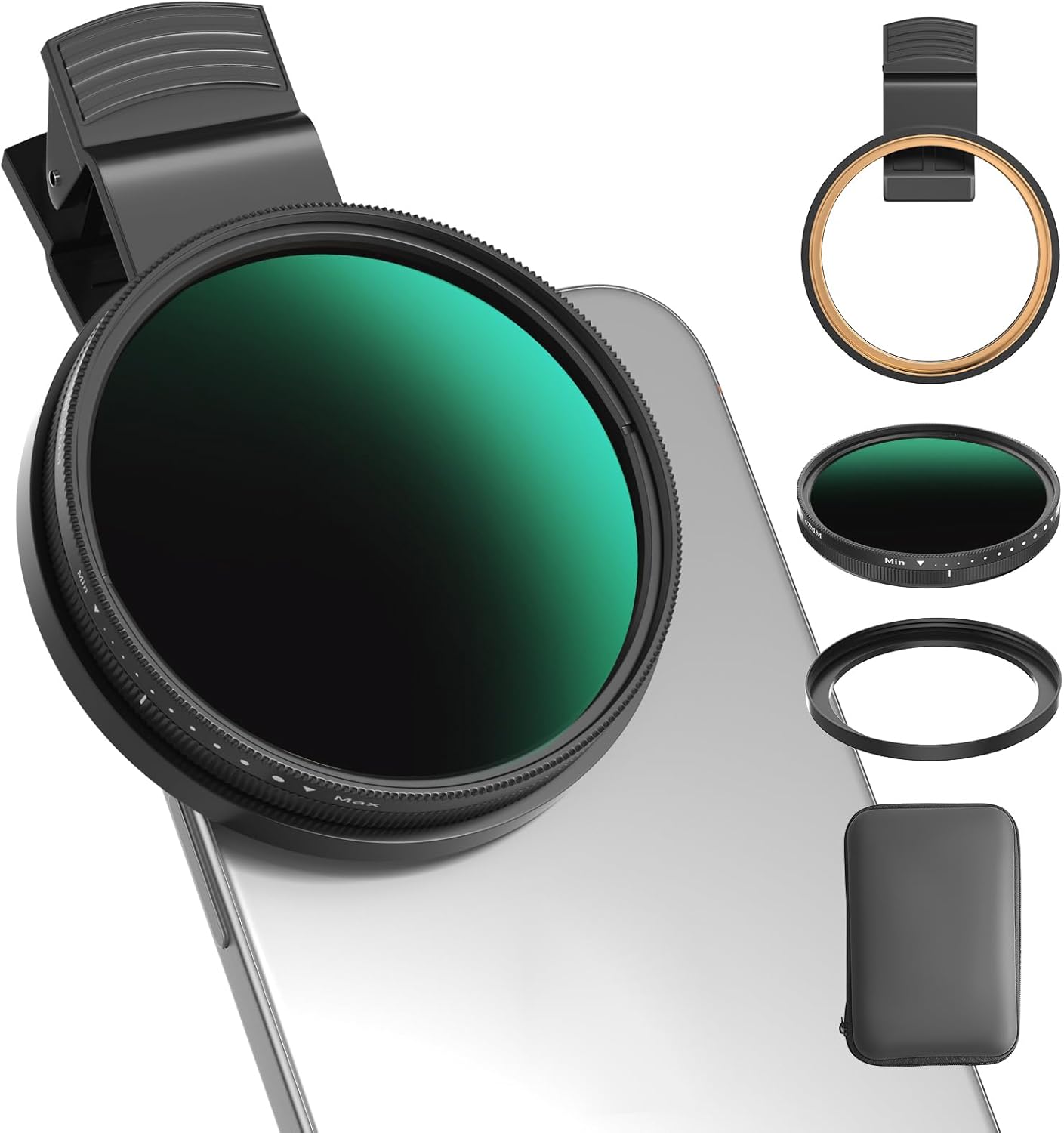 67mm Variable ND2-400 Filter for Phone/DSLR, HD Adjustable Neutral Density Filter with Universal Clip,Adapter Ring, Lens Attachment for iPhone 16 15 14 13 12 Samsung Pixel and Other Smartphones/Camera