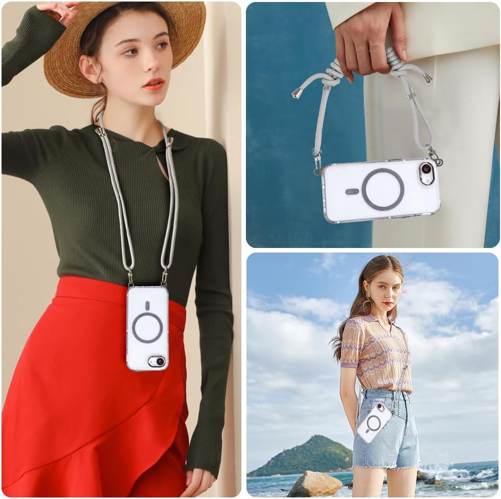 for iPhone 16e Case with Adjustable Phone Lanyard Strap, Compatible with MagSafe, Shockproof Military-Grade Protection, Magnetic Phone Case, Classic Clear Gray Hybrid Case, Yellowing Resistant