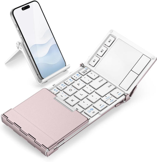 iClever Bluetooth Keyboard with Touchpad, Foldable Keyboard, Metal Body, Gesture Support, USB-C Charge, Pocket-Size Wireless for Travel, iPad, iPhone, Android, Windows, Pink White
