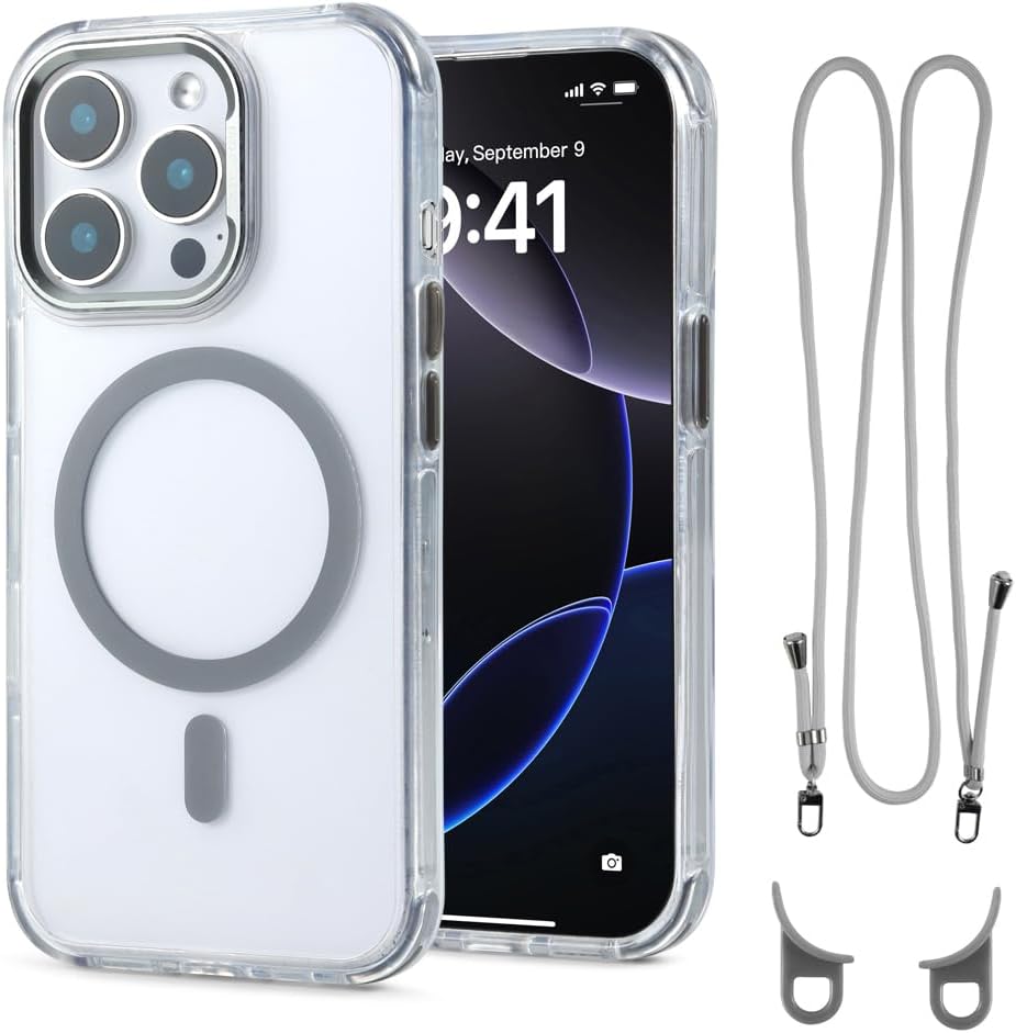 for iPhone 15 Pro Max Case with 62.99 inch Lanyard, Classic Clear&Gray Magnetic Phone Case, Drop&Shockproof Protection Cases, Phone Holder Lanyard, Compatible with Magnet Accessory