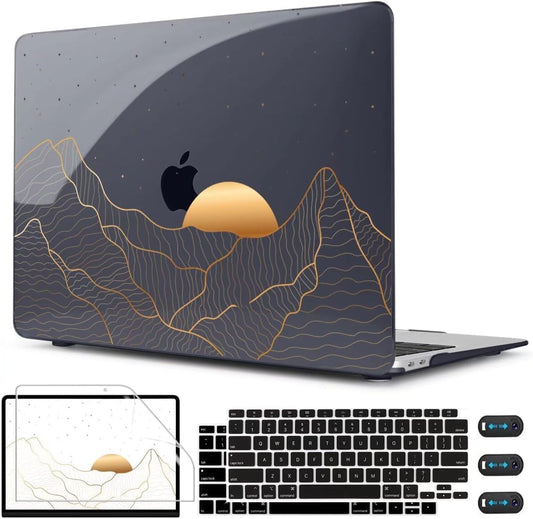 CISSOOK Compatible with MacBook Air 13 Inch M1 Case 2022 2021-2018 Release A2337 A2179 A1932, Crystal Black Plastic Hard Shell Case Cover for MacBook Air 13" with Touch ID, Sun & Mountain