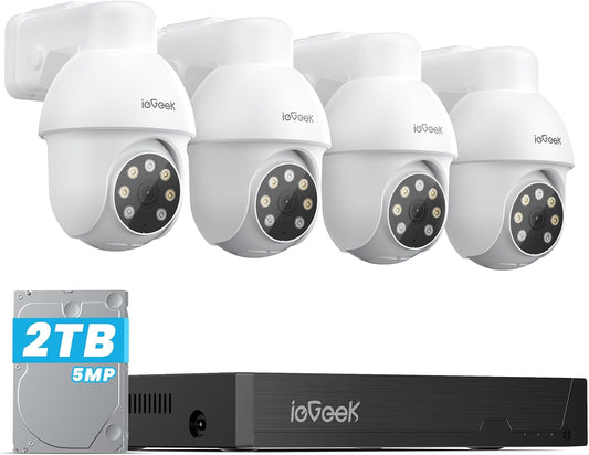 ieGeek PoE Security Camera System, 5MP Outdoor/Indoor PoE Cameras with 8CH NVR for Home Surveillance System, Wired PTZ Cam Kit w/Motion Sensor, 2-Way Audio, Color Night Vision,AI Detection,24/7 Record