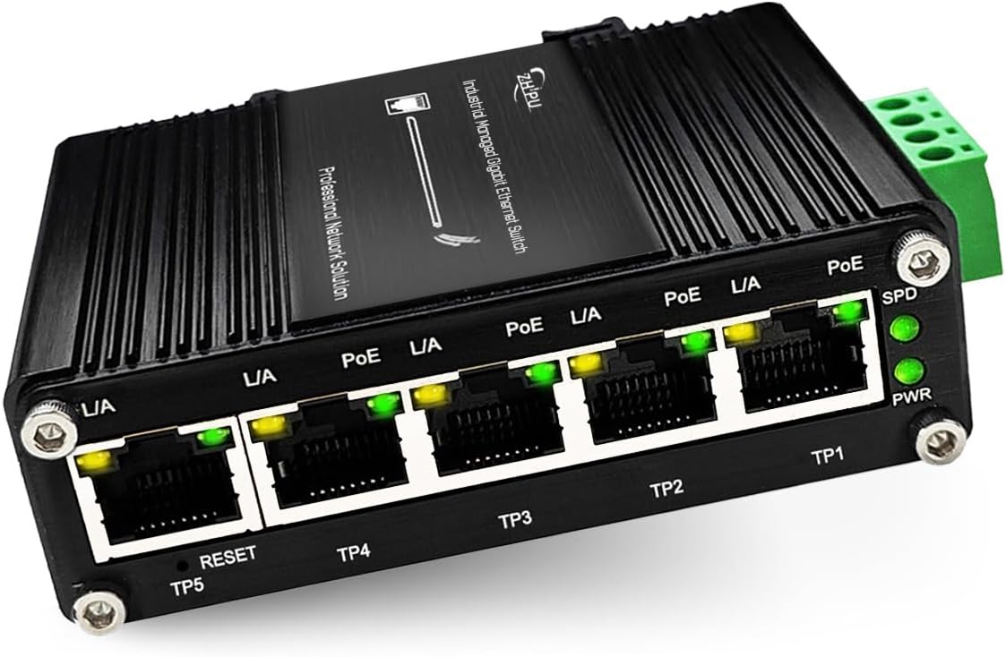 Industrial Managed 5 Port PoE Ethernet Switch, Mini Gigabit Networking Switch with Web Management, Supporting Din-Rail