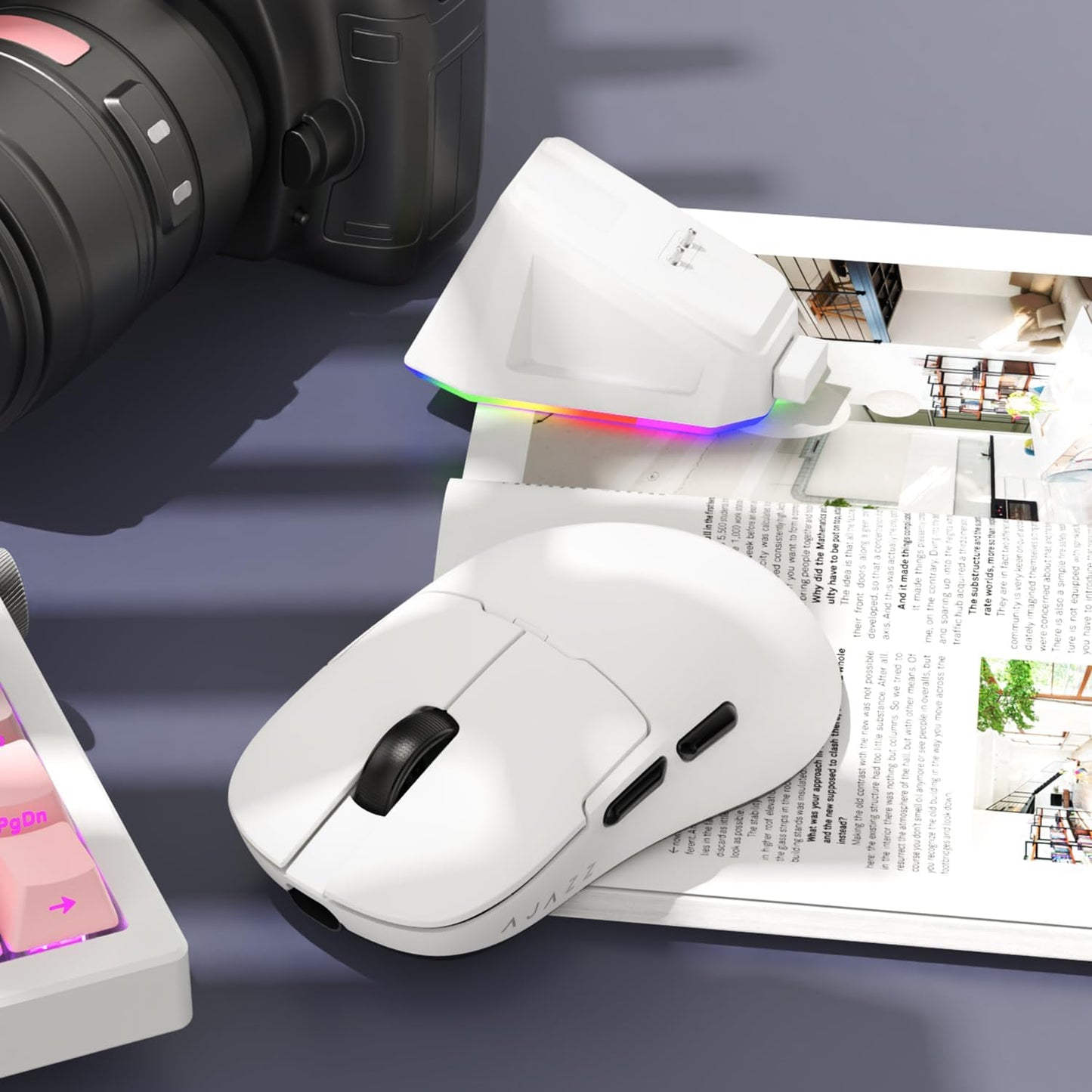 AJ159P MC Triple Mode (2.4G/Wired/Bluetooth 5.2) Gaming Mouse, 12000 DPI, 56g Ultra-Light, Magnetic RGB Charging Dock, Programmable 6 Buttons, Ergonomic Design for Computer Laptop PC, White