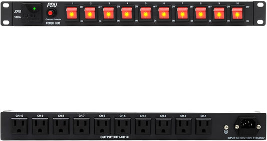 10 Outlets 1U Horizontal PDU Network Rackmount Power Strip with Surge Protector, (SPD-10KA) 100-240V,15A 3600 Joules, w/10 LED Switches and 6ft 14 AWG Cord, ETL Listed