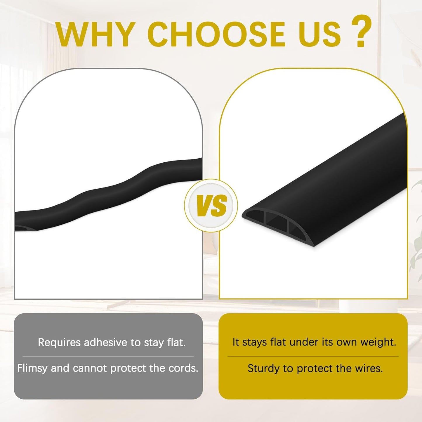 Floor Cord Cover 10FT Cord Covers for Wires on Floor Protect Wires & Prevent Trip Hazards, Easy to Cut for Home, Office, School, Concerts, Cavity W0.6in x H0.32in