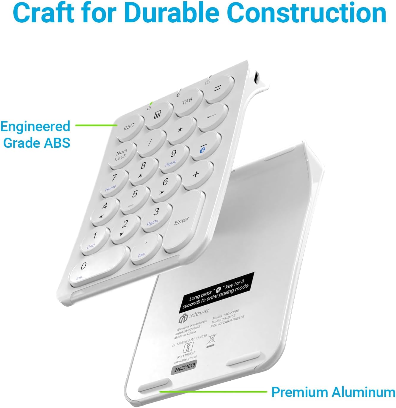 iClever Number Pad, KP08 Bluetooth Number Pad, Ultra Slim and Lightweight, USB-C Charge, Number Pad for Laptop, iPad, Mac, iMac, Tablet, PC Desktop