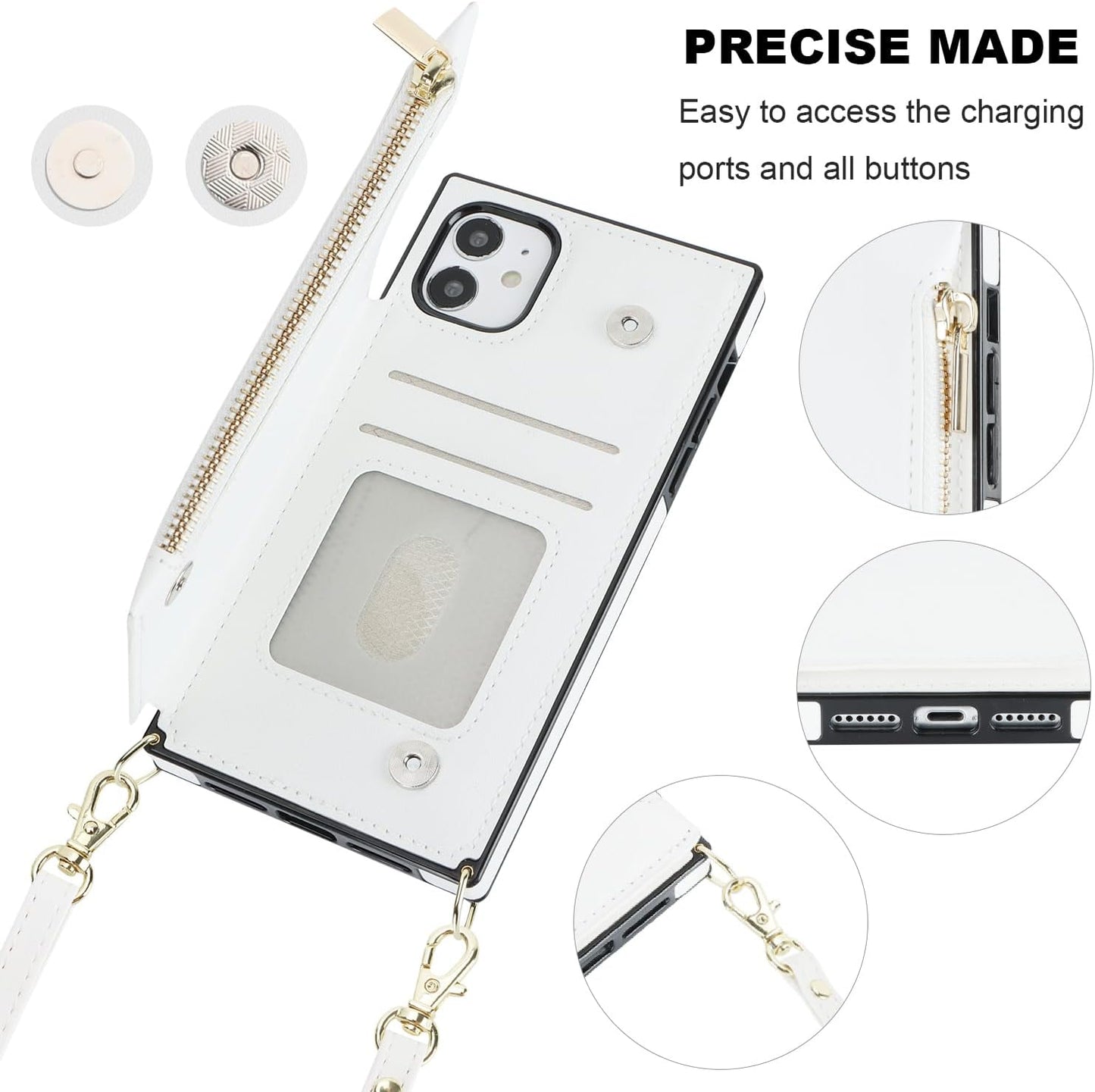 Bocasal Crossbody Wallet Case for iPhone 11 with Card Holder,Zipper Card Slot Protector Shockproof Purse Cover with Removable Cross Body Strap 6.1 Inch (White)