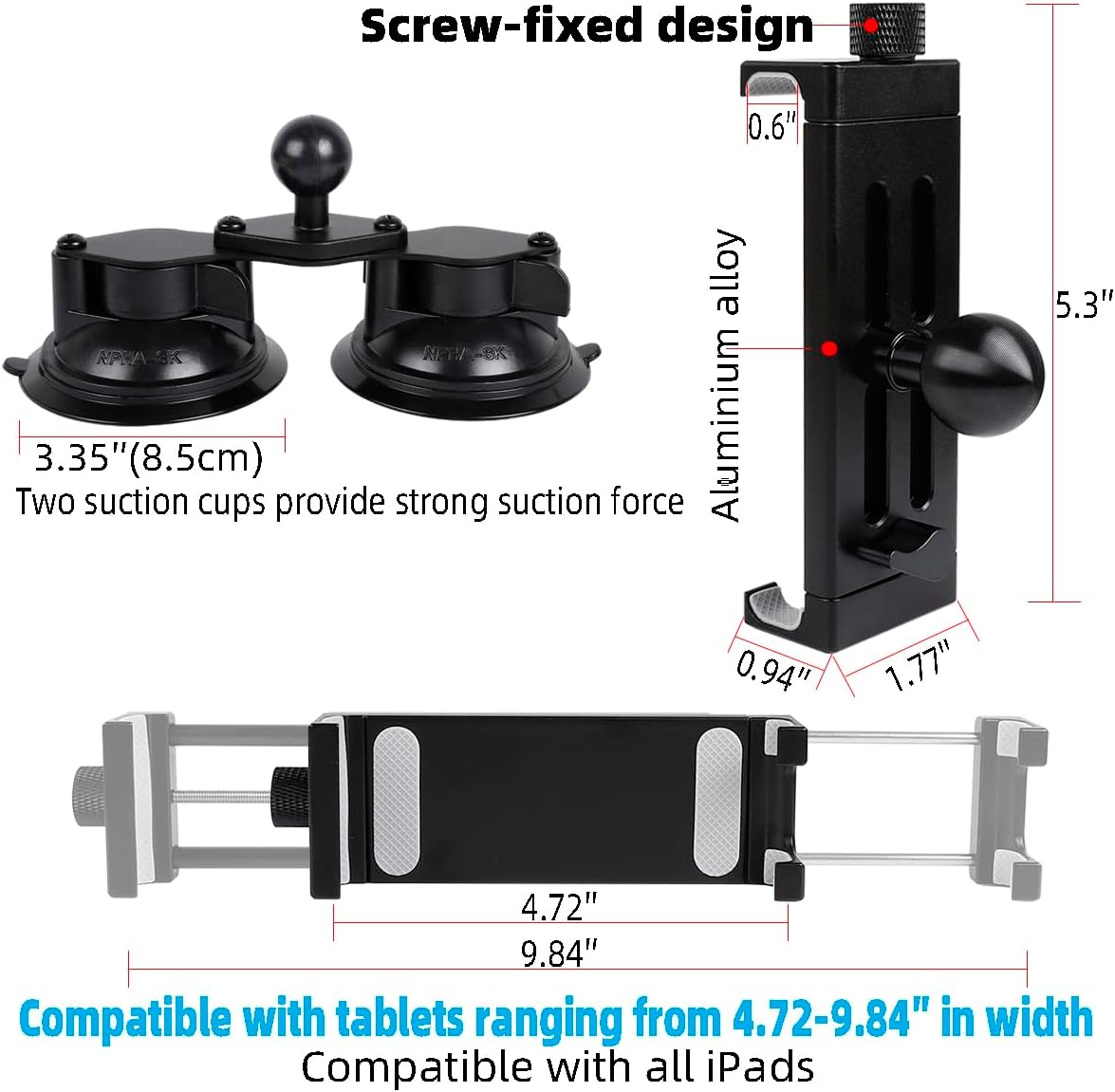 Aluminum Tablet Holder for All iPad, 360° adjustable Secure Double Suction Cup Mount for Car Truck Windshield,Sunroof, Compatible with iPad Pro 12.9 Mini Air, Galaxy Tabs and 4.7-15" Tablets