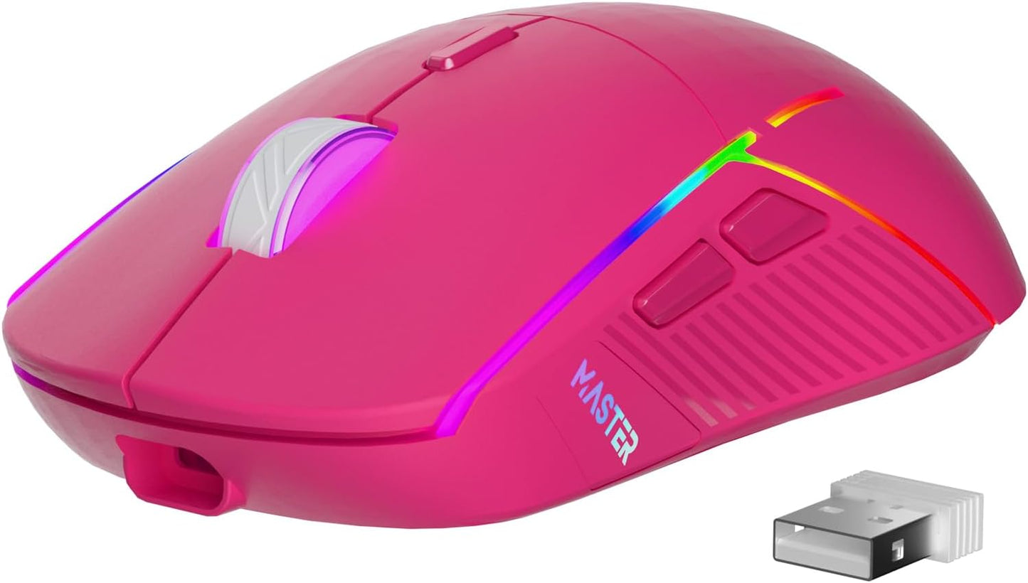 FFJ Wireless Gaming Mouse, 24000 DPI, Tri-Mode 2.4G/USB-C/Bluetooth 5.3 Gaming Mouse Wireless, RGB Programmable Mouse Gamer, 75Hrs Battery Life, Rechargeable Gaming Mice for PC, Mac, PS5, Xbox-Magenta