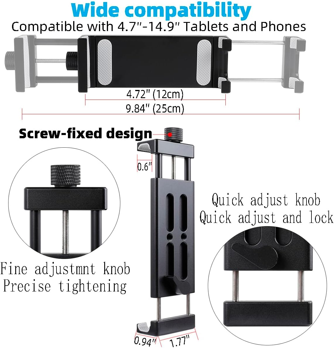 All-Aluminum Car Tablet Holder with Heavy Duty Drill Base, Compatible with iPad Pro Mini 4.7"-15" Samsung Galaxy Tab Tablets, Car Tablet Mount for Truck,Business ,Boat,Dashboard,Desk,Wall Mounting