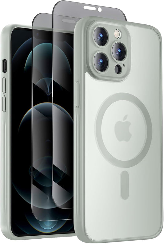 Designed for iPhone 12 Pro Case, Compatible with MagSafe, with Privacy Screen Protectors X2, [Camera Protection] [15FT Military Drop Protection] Shockproof Phone Case, 6.1", Calke Green