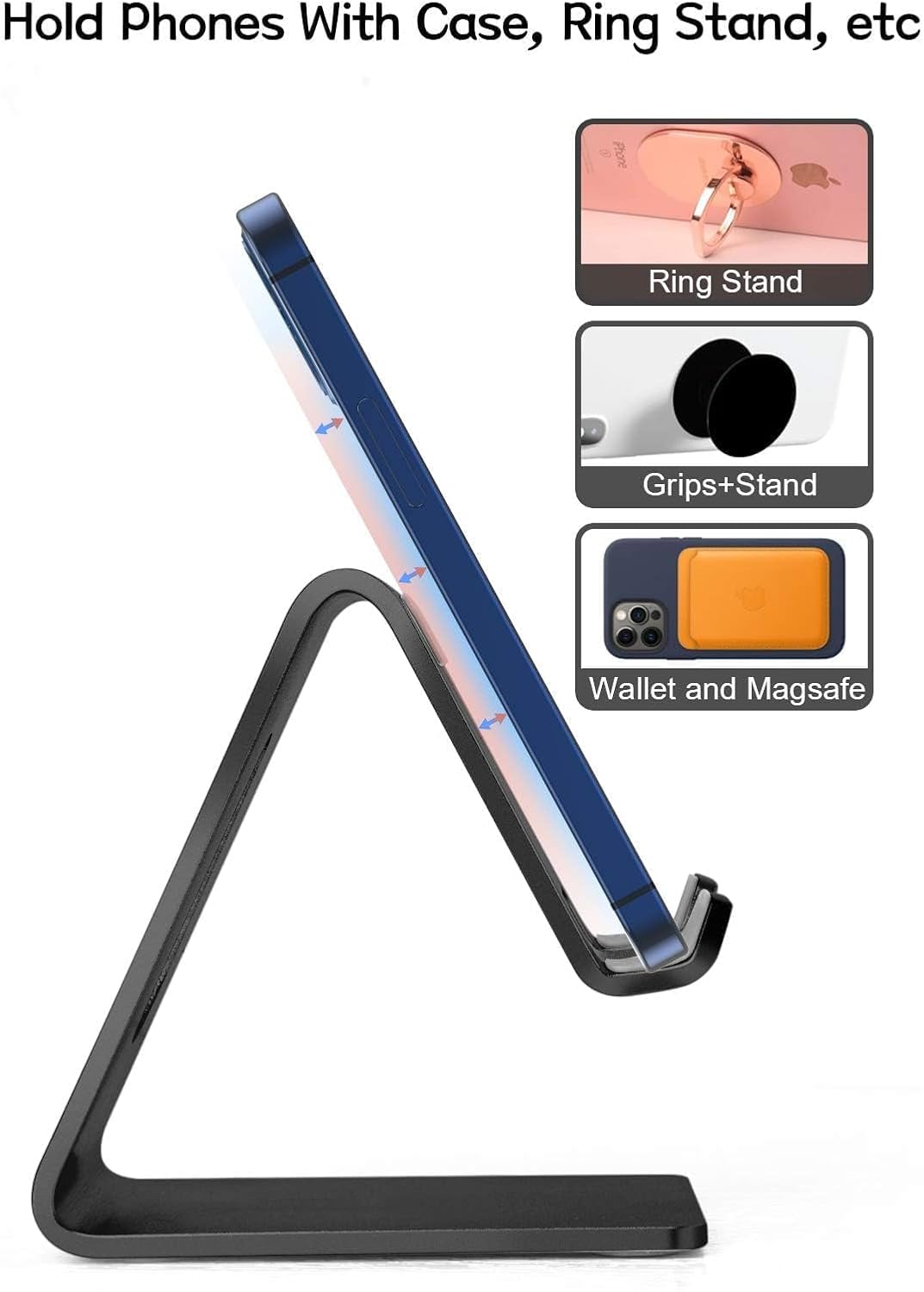 Cell Phone Stand for Desk, Desktop Phone Holder, Aluminum Mobile Phone Stand for iPhone 15 14 13 12 pro Mini 11 X Xr Xs max 8 7 6 6s Plus Samsung Galaxy S21 Ultra All Smart Phones, Black