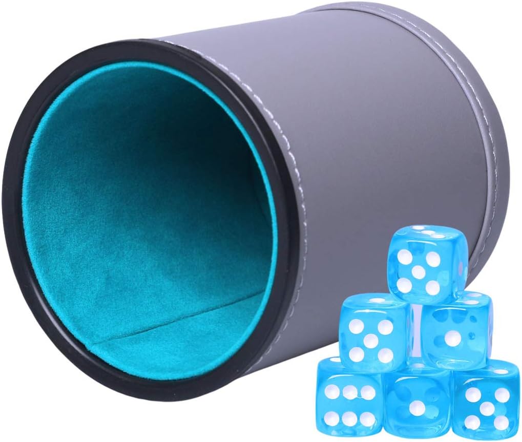 Dice Cup Set PU Leather and Felt-Lined, Quiet Shaking for Yahtzee Farkle Liars Dice Games, Includes Six 16mm Regular Dice