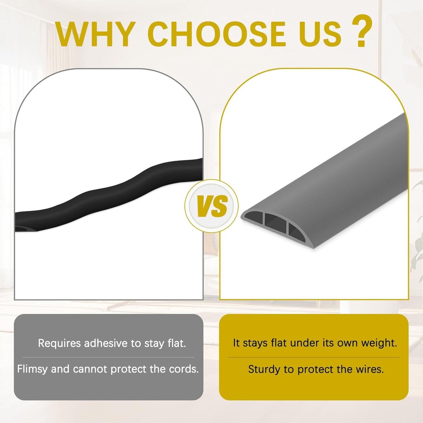 Floor Cord Cover 3.3FT Cord Covers for Wires on Floor Protect Wires & Prevent Trip Hazards, Easy to Cut for Home, Office, School, Concerts, Cavity W0.6in x H0.32in