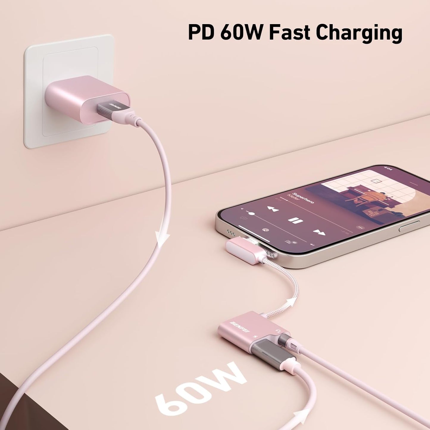 BENFEI USB C to Audio Jack Adapter with 60W Fast Charging, USB-C to 3.5mm Female Headphone Compatible with iPhone 16/15 Pro Max/Pro, Samsung Galaxy S24/S23/S22/S21 Ultra, iPad Pro, Pixel 8 Pink