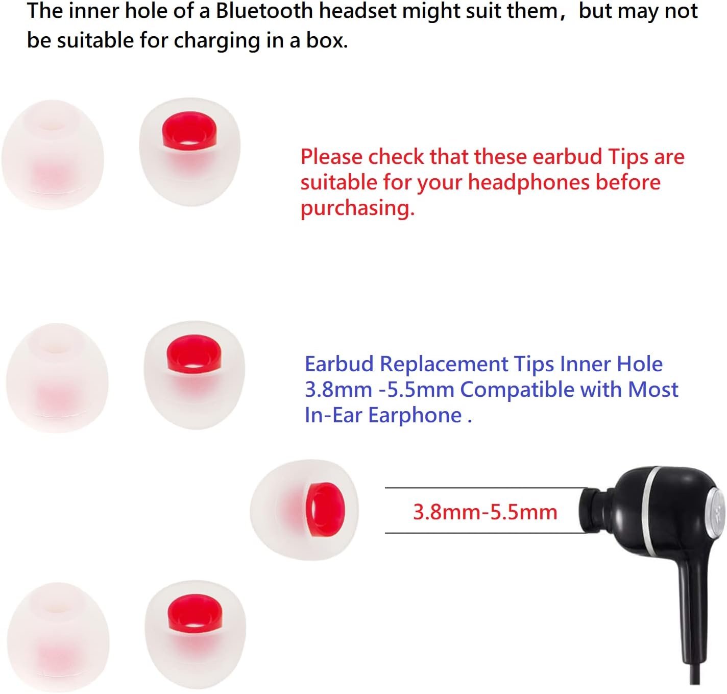 36 Pieces Small Earbud Tips Soft and Comfortable Ear Bud Replacement Pieces Silicone Fit Most in-Ear Headphones，Inner Hole 3.8mm -5.5mm，Small White and Red Replacement Eartips