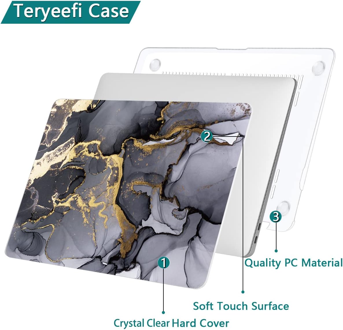 Teryeefi Compatible with 2018 2019 2020 MacBook Air 13 inch Case M1 Chip A2337 A2179 A1932 Retina Display Touch ID, Plastic Hard Shell & Keyboard Cover & Screen Protector,Gray Marble