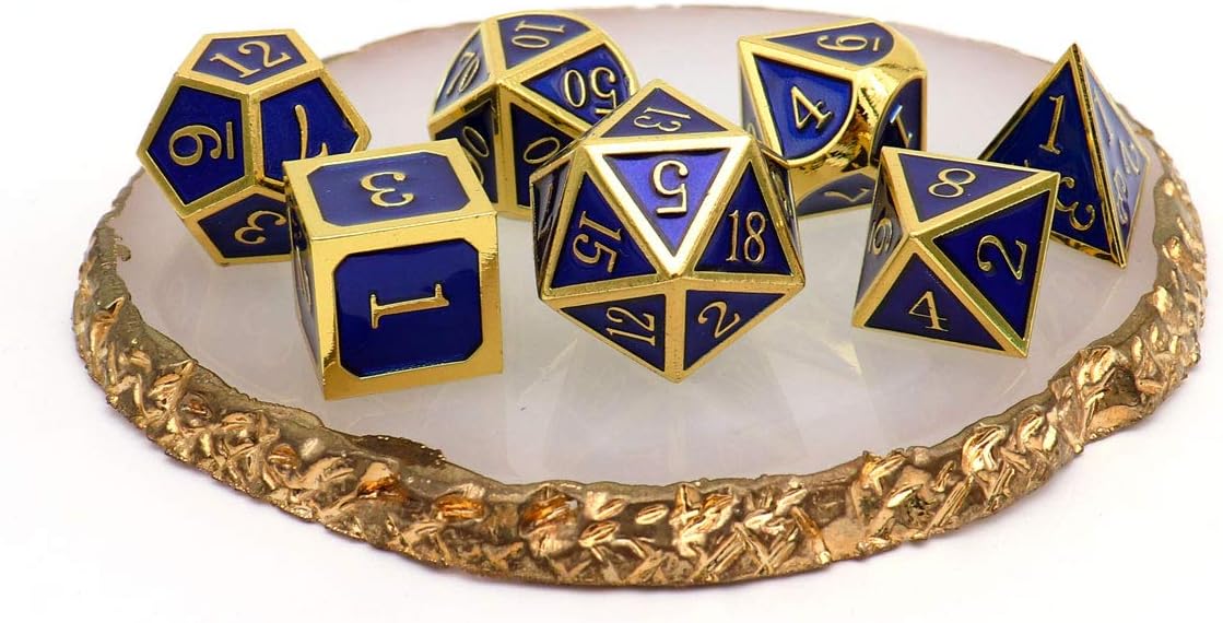 Haxtec Metal DND Dice Set 7 Die Gold Blue Metal D&D Dice Compatible with Dungeons and Dragons Games-Glossy Enamel Dice (Gold Blue)