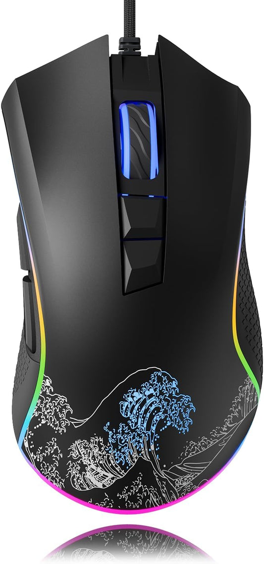 HITIME XVX Wired Gaming Mouse, 12000 DPI RGB Mouse with 12 Backlit Modes & 7 Macro Buttons, Gaming Mice Support DIY Keybinding, Gamer Computer Mice for Laptop PC Mac Windows, Wave