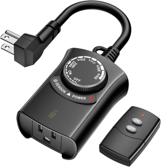 HBN Outdoor Light Timer with Remote Control, Waterproof Light Sensor Timer, 100 ft Wireless Range, 1 Grounded Outlet for Christmas Lights, 15A 1/2HP Heavy Duty