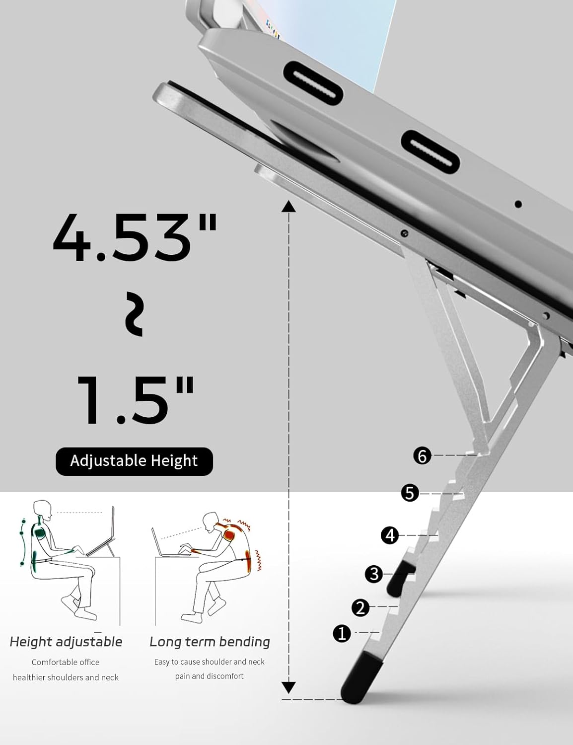 Junfire Foldable Laptop Stand for Travel, Aluminum Stable Ergonomic Laptop Riser with 6-Levels Height Adjustment, Fits with MacBook Air, MacBook Pro, iPad, HP, Dell, Lenovo (Up to 15.6'')-Sliver