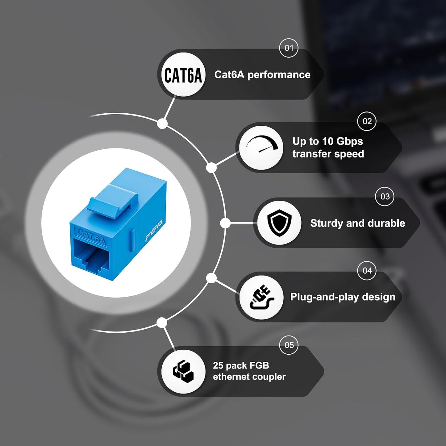 FGB 10 Gbps CAT6A RJ45 Keystone Coupler 25-Pack, RJ45 Keystone Jack, Ethernet Coupler Female to Female UTP for Cat6a/Cat6/Cat5e/Cat5, Blue