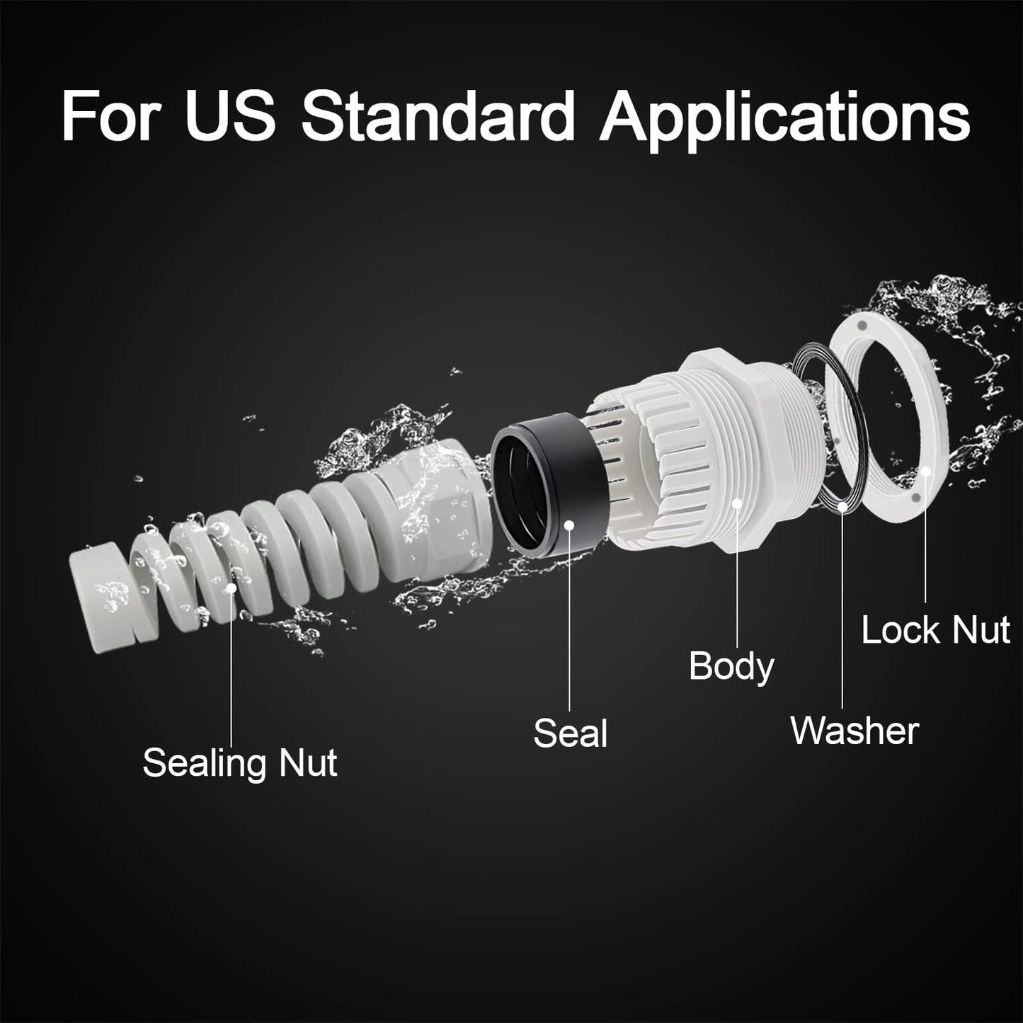 LeMotech 50Pcs NPT 1/2" IP68 Waterproof Cable Gland Flex Spiral Strain Relief Grey Nylon Joint with Gaskets for 6-12mm Wire Thread