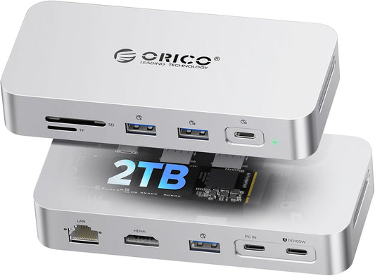 ORICO 2 TB External SSD Docking Station, SSD Expansion + Hub Extension, Up to1000MB/s, 10-in-1 USB C HUB with Internal SSD, Support 4K@60Hz HDMI Display, 100W PD, Ethernet, SD/TF, Mac Mini - SJ10
