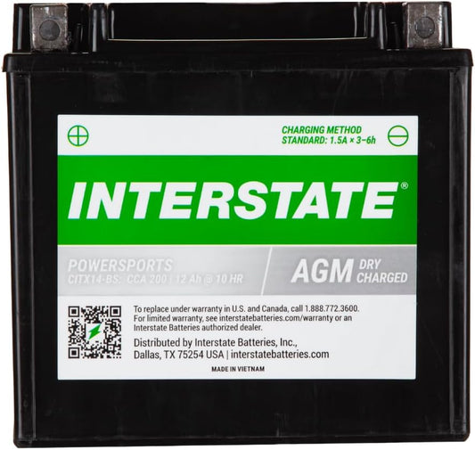 Interstate Batteries YTX14-BS 12V 12Ah Powersports Battery 200CCA AGM Rechargeable Replacement for Motorcycles, ATVs, UTVs, Scooters, Snowmobiles (CITX14-BS)