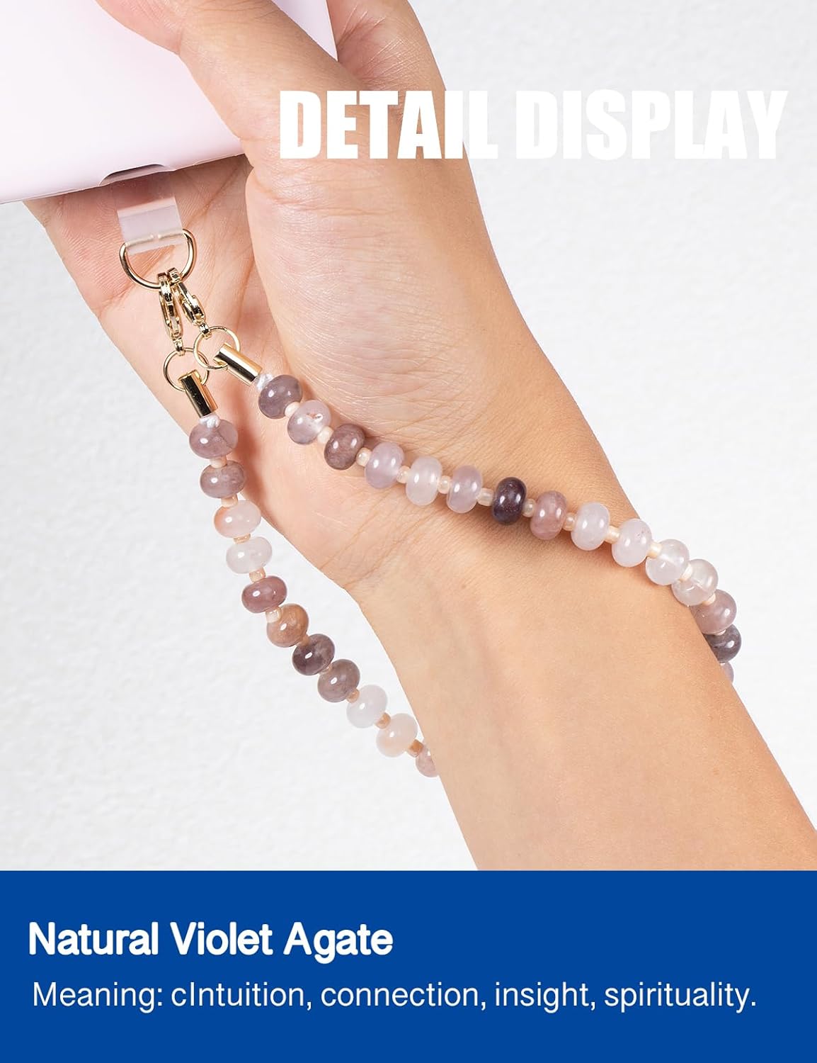 Handmade Natural Purple Gradient Gemstone Crystal Beaded Charm Cell Phone Camera Lanyard, Hands-Free Wrist Strap, Phone Chain String, Keychain Decor for Walle (Violet Agate)