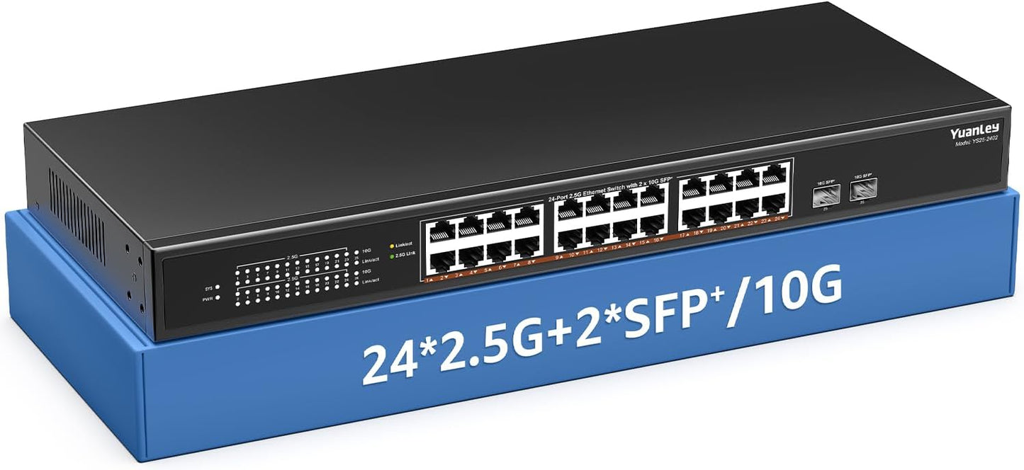 26 Port 2.5G Umanaged Ethernet Switch, 24 x 2.5Gb Base-T Ports, 2 x 10G SFP+, Compatible with 100/1000/2500Mbps, Metal Fanless, Desktop/Rack Mount YuanLey 2.5Gbe Network Switch for Wireless AP, PC