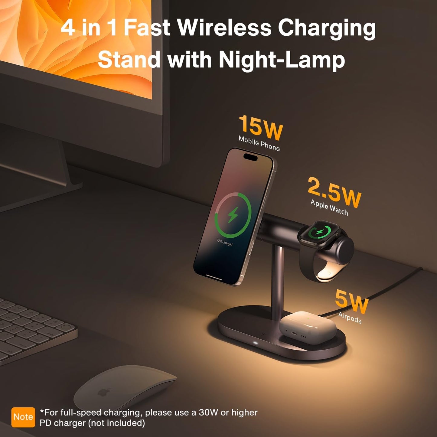 iVANKY 15W Fast Qi2 Certified 4 in 1 Wireless Charger Stand with Nightstand Light for MagSafe Magnetic Charging Station, 25W 3 in 1 Charge for iPhone 17/16/15/14 Plus Pro Max Air,Apple iWatch, Airpods