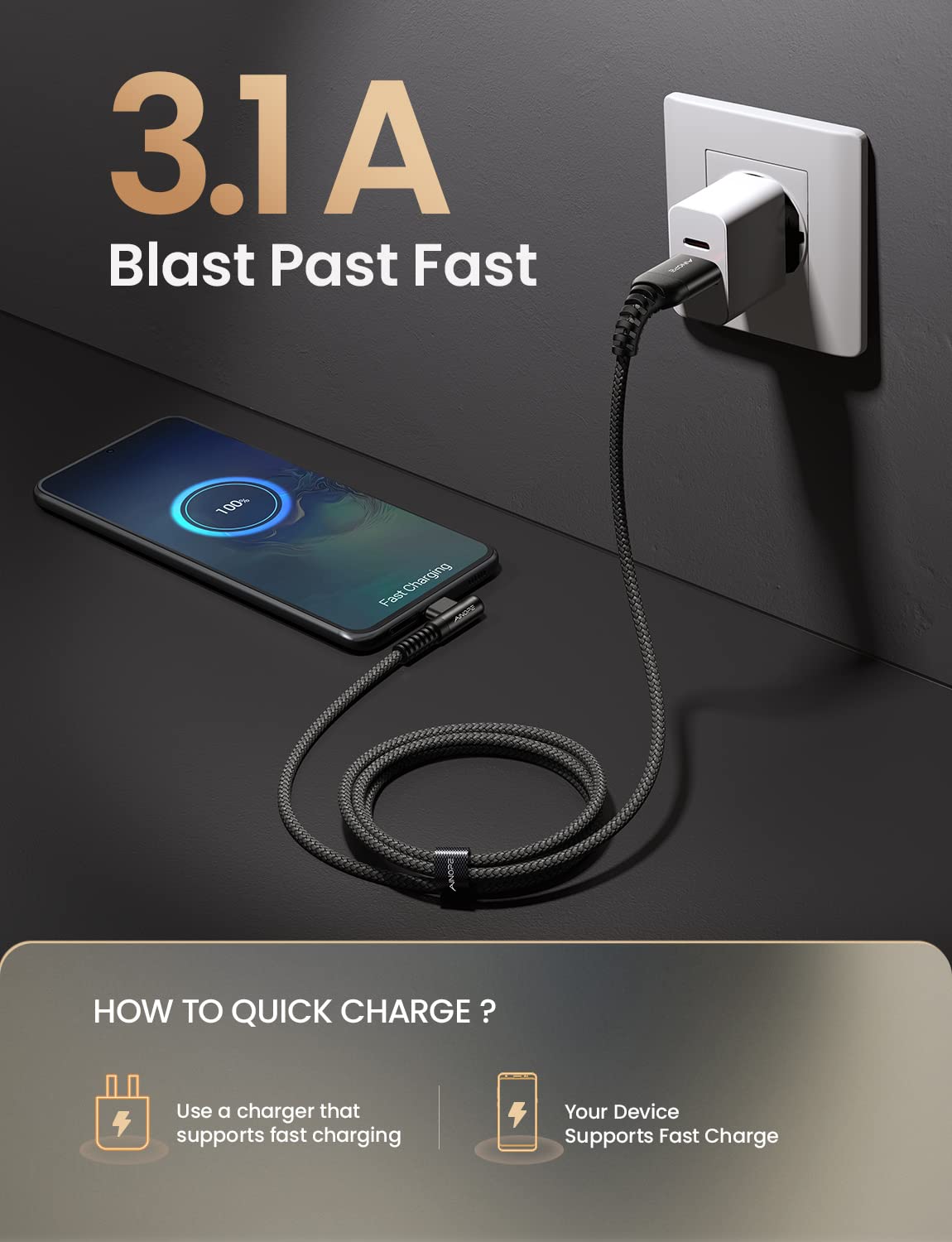 AINOPE USB Type C Cable [4-Pack 3.3ft/3.3ft/6.6ft/10ft] 3.1A Fast Charging USB to USB C Cable, Nylon Braided USB C Charging Cable Compatible with Galaxy S21+ Ultra, iPad mini/Air/Pro, Pixel 6X