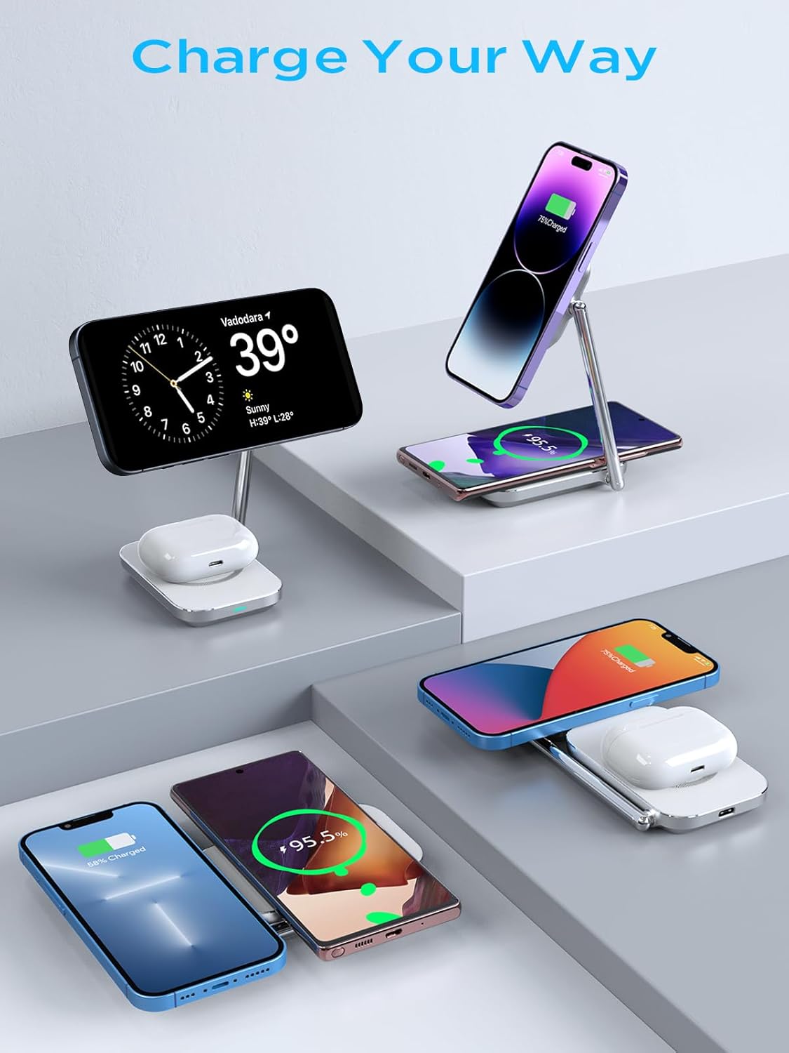 2-in-1 Magsafe Charger Stand, Zinc Alloy Foldable Magnetic Wireless Charger, 20W Portable Fast Wireless Charging Station for iPhone 15/14/13/12 Series, AirPods 3/Pro/2