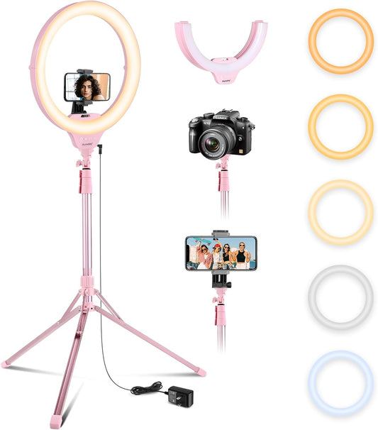 Aureday 14'' Pink Selfie Ring Light with 62'' Tripod Stand and Phone Holder, Dimmable LED Phone Ringlight for Makeup/Video Recording/Photography, Circle Lighting for Cell Phones&Lightweight Cameras